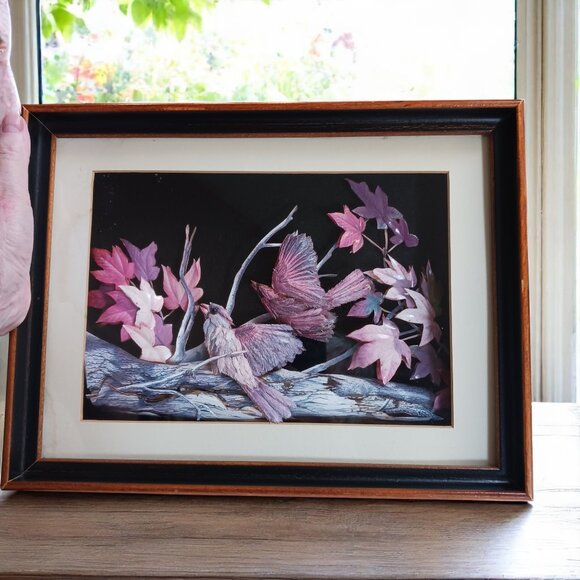 Vintage MCM Feather Art Shadow Box  3D Art Pastel Birds Artisan Handcrafted - Picture 3 of 15